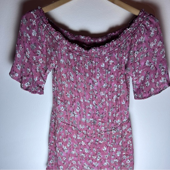 Aeropostale Pink/Plum Floral Printed Romper - Off-Shoulder, Shorts with Flowers - Picture 2 of 7